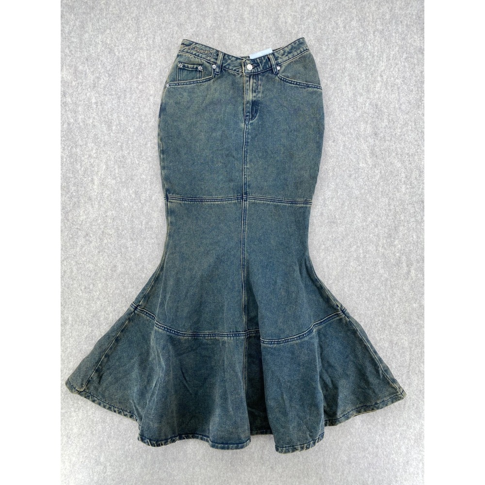 House of Sunny Courtyard Tulip Skirt Clay Grey Denim Mermaid Maxi Size 4 NEW